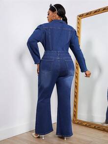 SHEIN SXY 大碼翻蓋口袋喇叭牛仔連身褲 - 深色水洗藍 - 查看 2