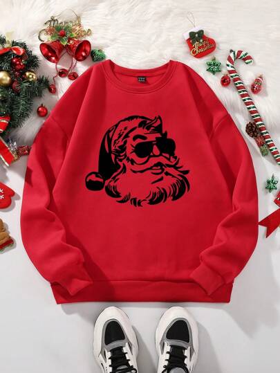 SHEIN Qutie Felpa con stampa natalizia, foderata termicamente, per abiti da Capodanno