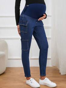 SHEIN Thai sản Thắt lưng băng rộng Túi nắp bên cạnh Quần jean chở hàng - Rửa trung bình - Xem 1