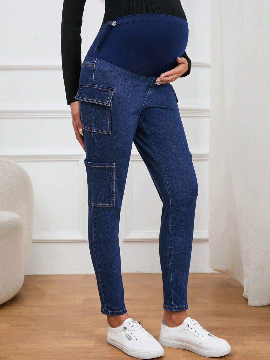 SHEIN Thai sản Thắt lưng băng rộng Túi nắp bên cạnh Quần jean chở hàng - Rửa trung bình - Xem 1