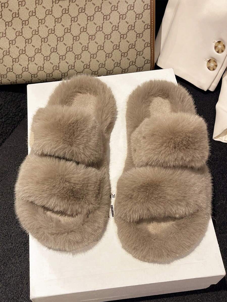 冬天濃烈香調韓語風格毛茸茸拖鞋,可愛簡單休閒室內戶外女性屋拖鞋 - 卡其色 - 查看 1