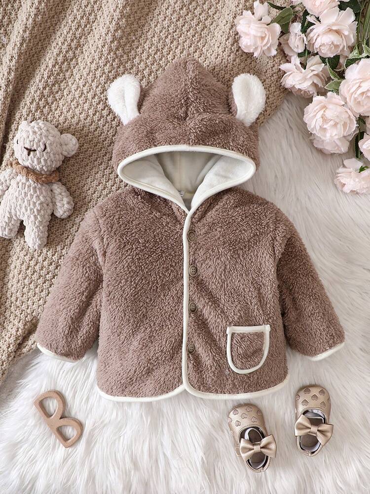 Baby Girl Contrast Binding 3D Ears Design Hooded Fluffy Coat