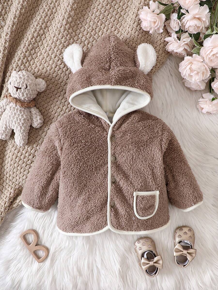 Baby Girl Contrast Binding 3D Ears Design Hooded Fluffy Coat - Khaki - View 1