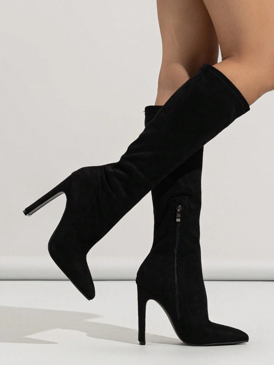 女士尖头保暖内衬拉链高跟过膝长靴，黑色，冬季，性感，派对 - 黑色 - 查看 1