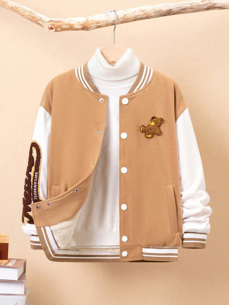 Tween Boy Letter Patched Striped Trim Drop Shoulder Varsity Jacket Without Hoodie