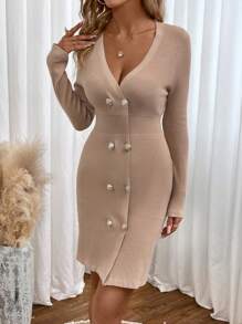 SHEIN Clasi Button Front Ribbed Knit Sweater Dress - Camel - View 3