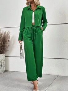 SHEIN LUNE Chất rắn Nút phía trước Áo sơ mi & Nút phía trước Quần ống rộng - màu xanh lá - Xem 5