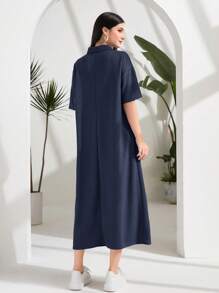 Seusyu 半拉链落肩阿拉伯连衣裙，端庄 - 藏蓝色 - 查看 2