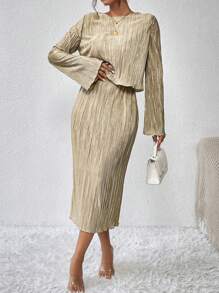 Chiquease 素色T恤&後背開衩半身裙 - 卡其色 - 查看 6