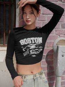 DAZY Letter Graphic Crop Tee - Black - View 3