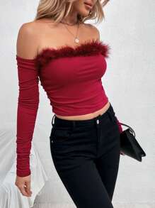 Chiquease Top Court Col Bardot À Ourlet Duveteux À Ruché