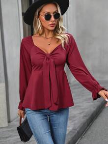 Chiquease Sweetheart Neck Knot Front Peplum Blouse - Burgundy - View 6