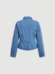 SHEIN MOD 翻蓋細節褶皺下擺牛仔夾克 - 中等水洗藍 - 查看 2