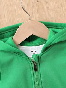 Baby Boy Letter Patched Detail Zip Up Hooded Jacket Without Tee - Green - View 3