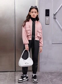SHEIN Tween Girl Flap Pocket Drop Shoulder Zipper Up Thermal Bomber Jacket - Dusty Pink - View 4