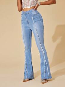 SHEIN BAE 高腰牛仔喇叭褲 - 淺色水洗藍 - 查看 3