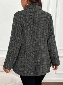 SHEIN Franclia Plus Plaid Pattern Double Breasted Tweed Blazer - Black - View 2