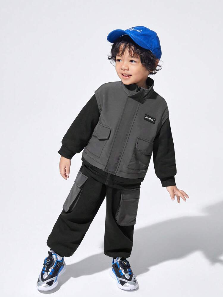Young Boy Letter Graphic Two Tone Flap Pocket Hooded Jacket & Sweatpants