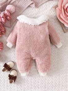 Baby Girl Contrast Statement Collar Dual Pocket Teddy Jumpsuit - Pink - View 2