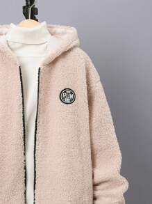 SHEIN Tween Boy Letter Patched Hooded Teddy Coat Without Sweater - Apricot - View 4