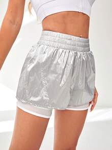 Shorts deportivos unido en contraste de color metálico - Plateado - Ver 3