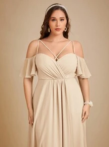 SHEIN Belle Plus Cold Shoulder Ruffle Trim Maxi Chiffon Bridesmaid Dress - Apricot - View 7