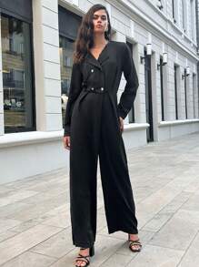 SHEIN Cottnline Double Breasted Wide Leg Jumpsuit - Black - View 3