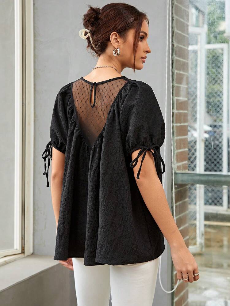 Contrast Mesh Knot Cuff Puff Sleeve Blouse