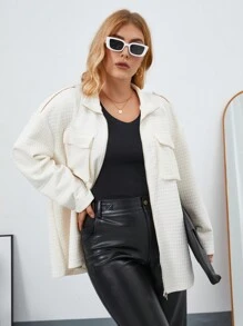 SHEIN Essnce Plus Flap Pocket Drop Shoulder Zip Up Drop Shoulder Coat - Apricot - View 6