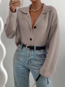 SHEIN LUNE Drop Shoulder Button Front Cardigan,Long Sleeve Tops - Khaki - View 3