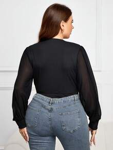 SHEIN Frenchy Plus Contrast Mesh Lantern Sleeve Overlap Collar Bodysuit - Black - View 6