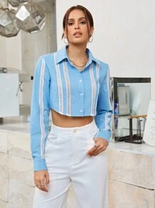 SHEINNeu Chèn ren Guipure Nút phía trước Mùa vụ Áo sơ mi - Màu xanh nhạt - Xem 5