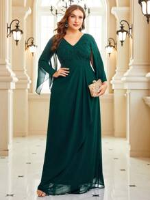 SHEIN Belle Plus Contrast Lace Cloak Sleeve Bridesmaid Dress - Dark Green - View 2
