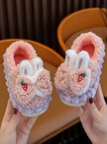 Girls' Cute Bow Knot Winter Indoor House Shoes With Heel Cover - Pink - View 1