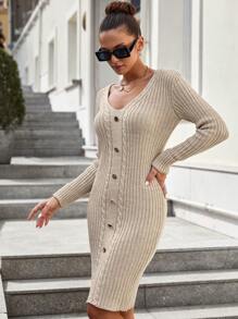 EURMUSE Cable Knit Button Detail Bodycon Sweater Dress - Beige - View 5