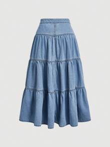 SHEIN MOD 紐扣門襟荷葉邊牛仔半身裙 - 淺色水洗藍 - 查看 2