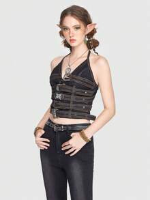 ROMWE Avant Ca-vát Backless Dây Tops Denim - màu đen - Xem 4