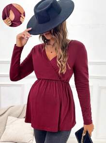 SHEIN Maternity Solid Wrap Nursing Detail Babydoll Tee - Burgundy - View 1