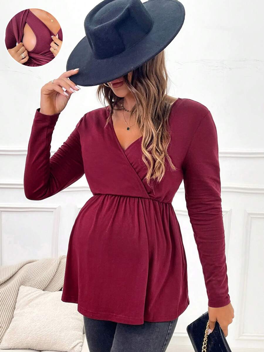 SHEIN Maternity Solid Wrap Nursing Detail Babydoll Tee - Burgundy - View 1