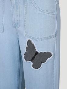 青少年女孩蝴蝶圖案直筒牛仔褲 - 淺色水洗藍 - 查看 4