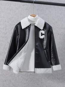 SHEIN Teenager Jungen Mantel aus PU Leder mit Buchstabenaufnäher und Teddyfutter ohne Pullover