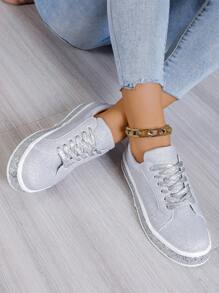 女性時尚耐磨繫帶鞋帶閃閃發光裝飾,銀平底運動鞋適用於休閒&運動 - 銀色 - 查看 1