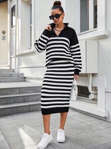 RueChic 條紋圖案落肩袖毛衣和針織裙