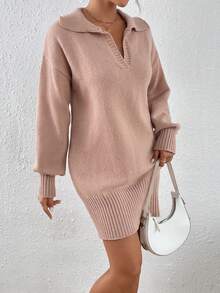SHEIN Essnce Vestido de punto de hombros caídos tejido de canalé - Rosa vieja - Ver 4