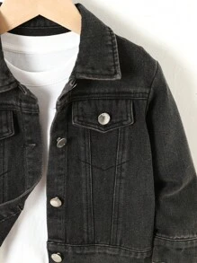 Young Girl 1pc Flap Pocket Denim Jacket - Black - View 4