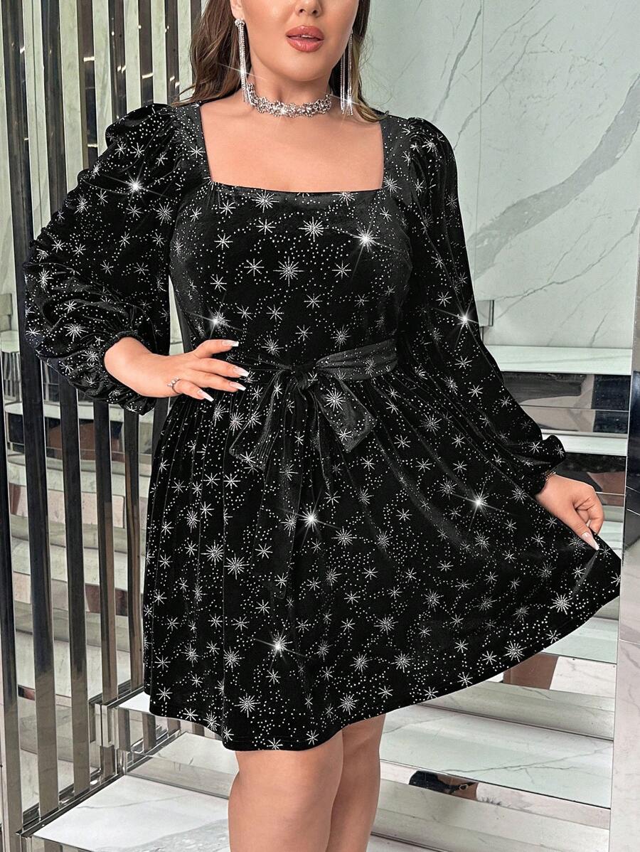 SHEIN Privé 大碼星空圖案方領燈籠袖腰帶絲絨洋裝