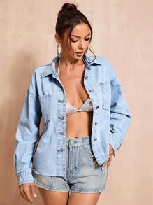 SHEIN BAE 落肩袖口袋貼布牛仔夾克 - 淺色水洗藍 - 查看 1