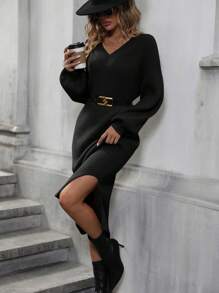 SHEIN Clasi 落肩袖下擺開叉毛衣洋裝不附腰帶 - 黑色 - 查看 5