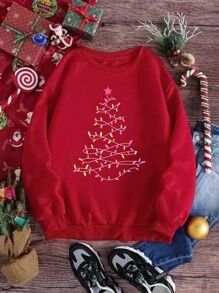 SHEIN EZwear Christmas Print Thermal Lined Sweatshirt - Red - View 3