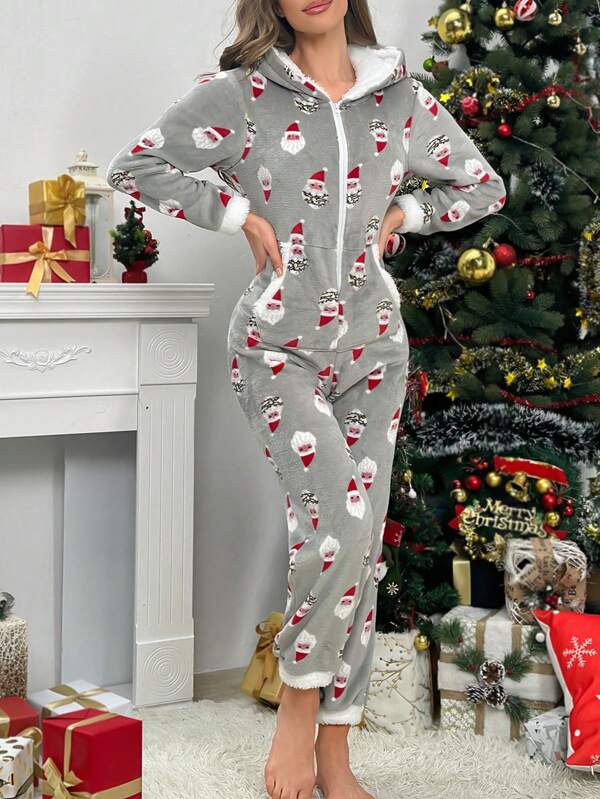 Pijama con capucha de franela con estampado de Papá Noel
